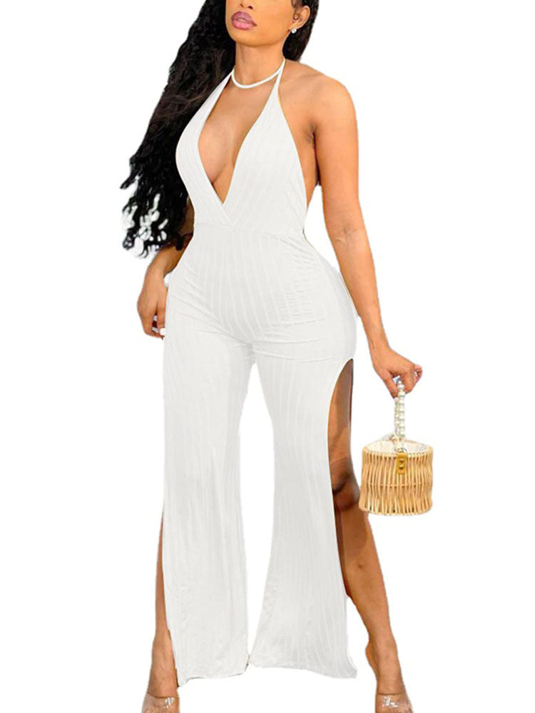 Halter Backless Split Solid Rompers