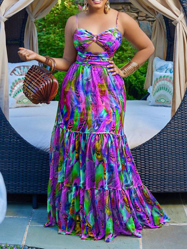 Spaghetti Strap Printed Tie-Dye Maxi Dresses