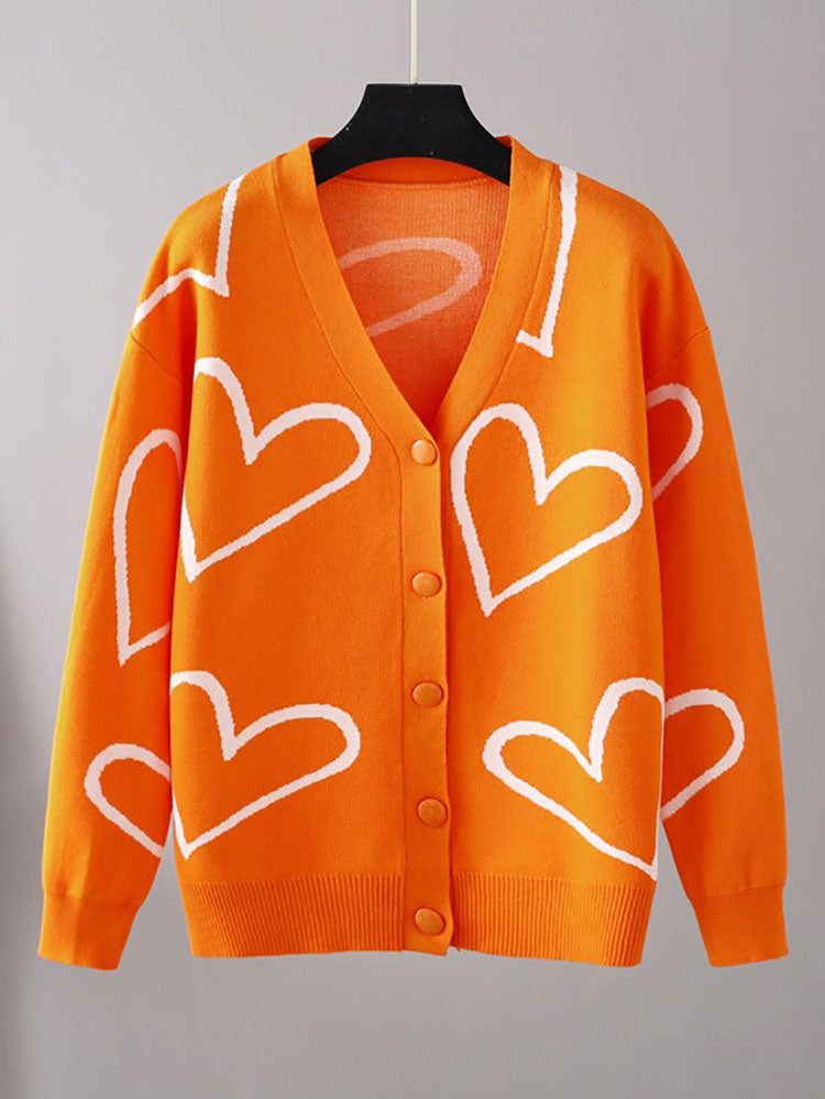 Long Sleeves Heart Print Ribbed Knit Coats