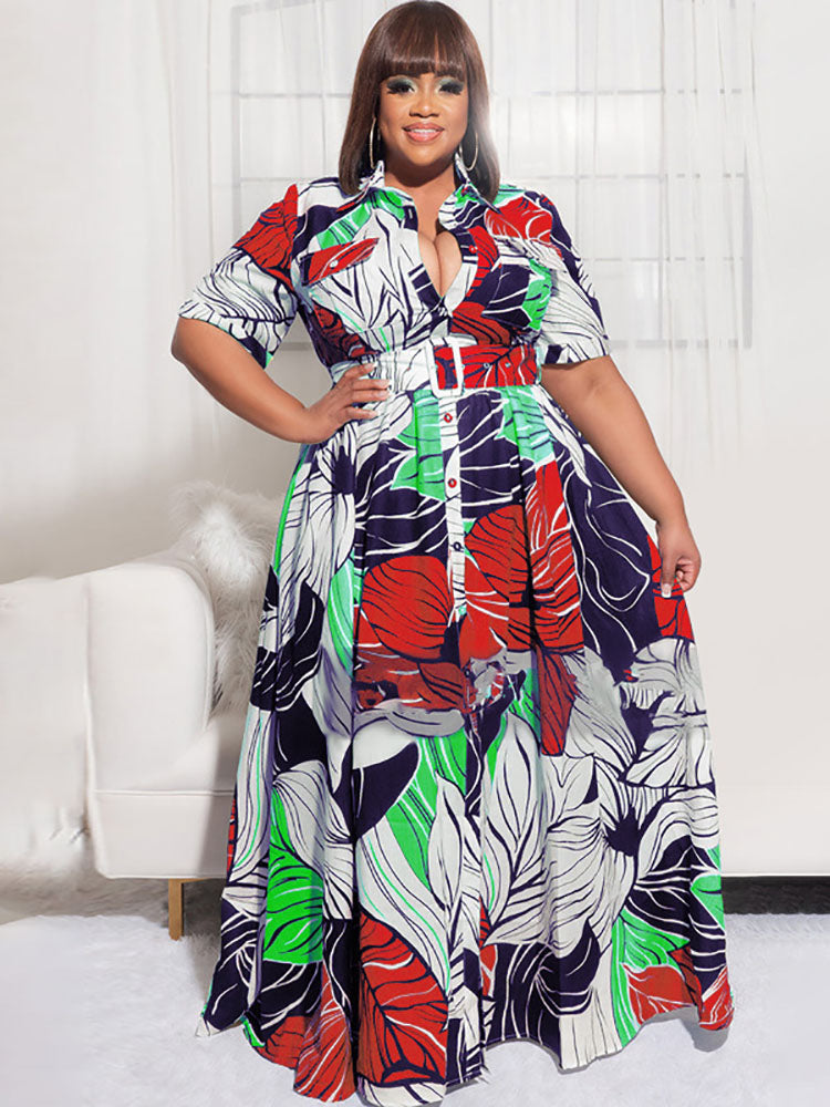 Plus Size Short Sleeves Leaf Print Maxi Dresses