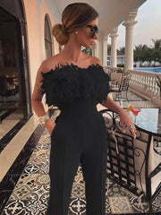 Feathered Solid Strapless Open Back Rompers