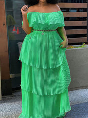 Off Shoulder Layered Pleated Plus Size Maxi Dresses