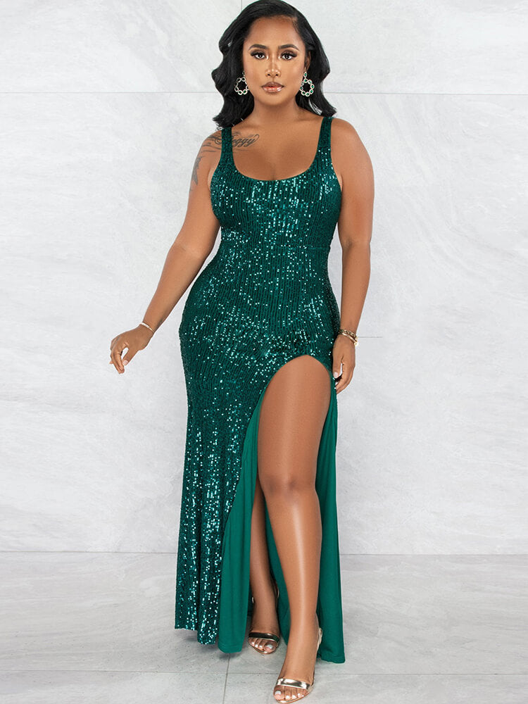 Sequin Sleevelesss Split Bodycon Maxi Dresses