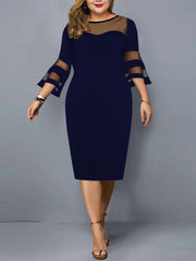 Plus Size Bell Sleeve Mesh Crew Neck Bodycon Midi Dresses