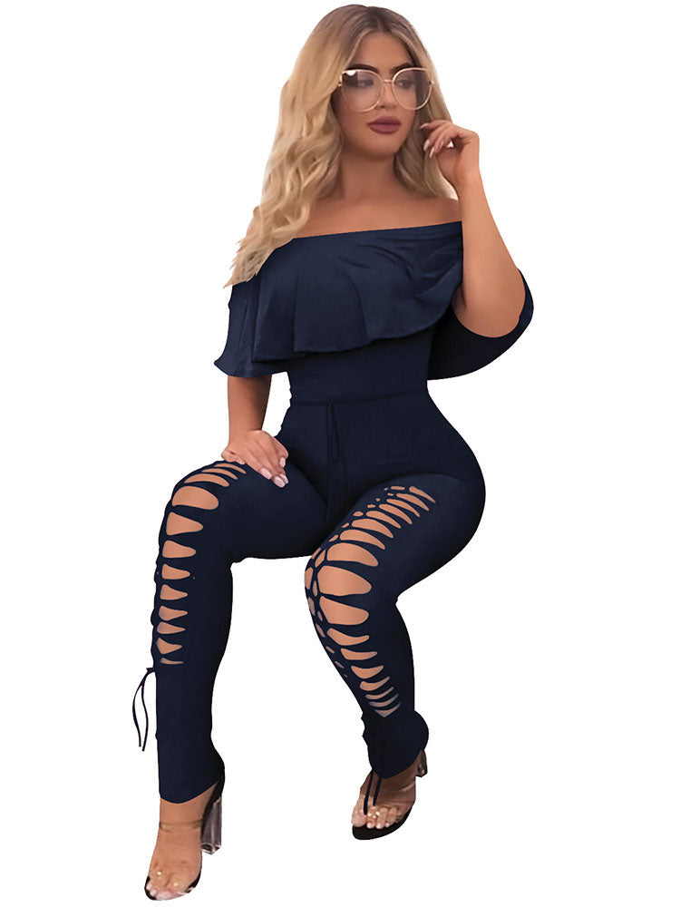 Off Shoulder Ruffle Hollow Out Rompers