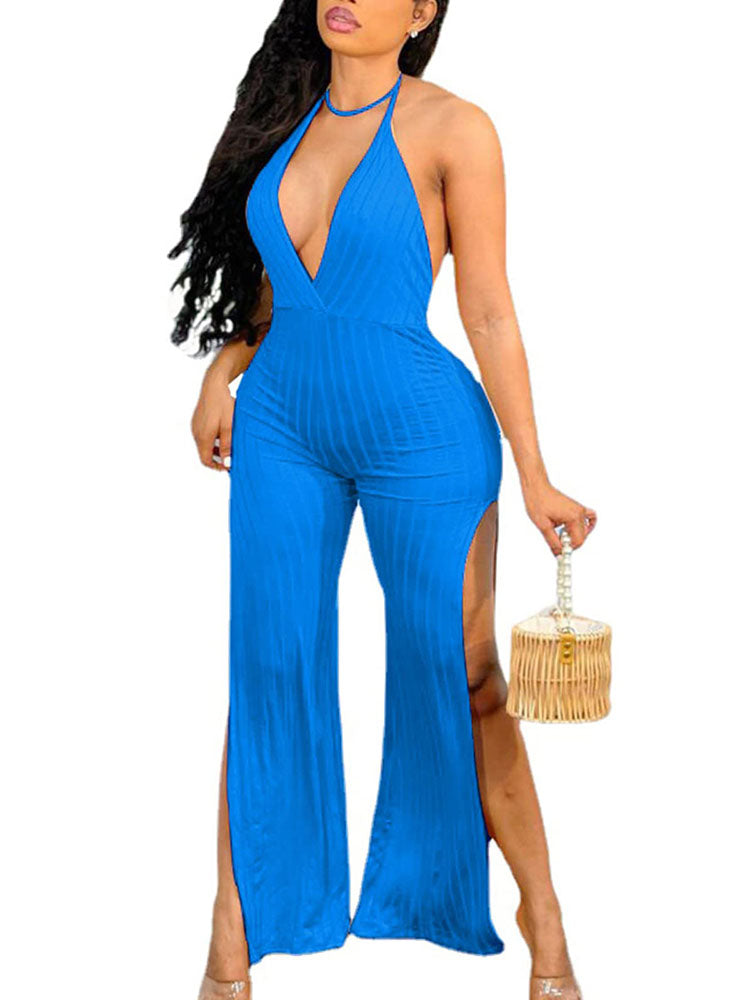 Halter Backless Split Solid Rompers