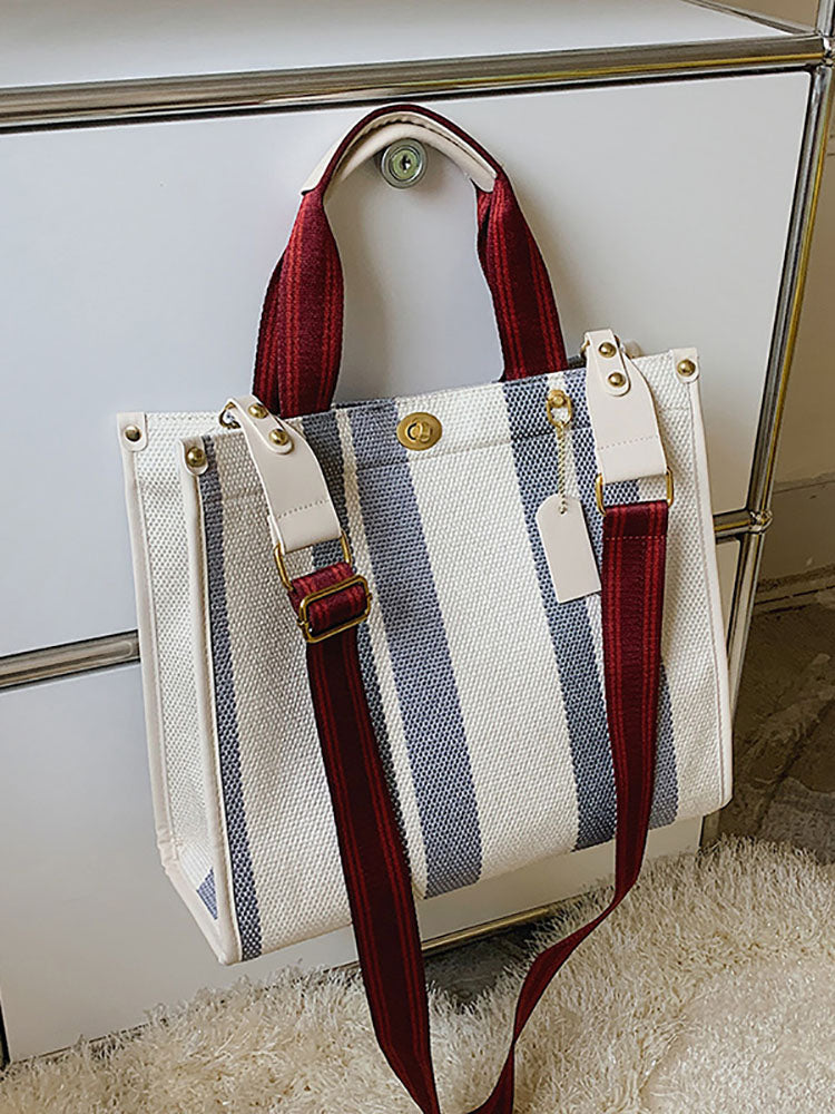 Striped Print Canvas Tote Shoulder Bags