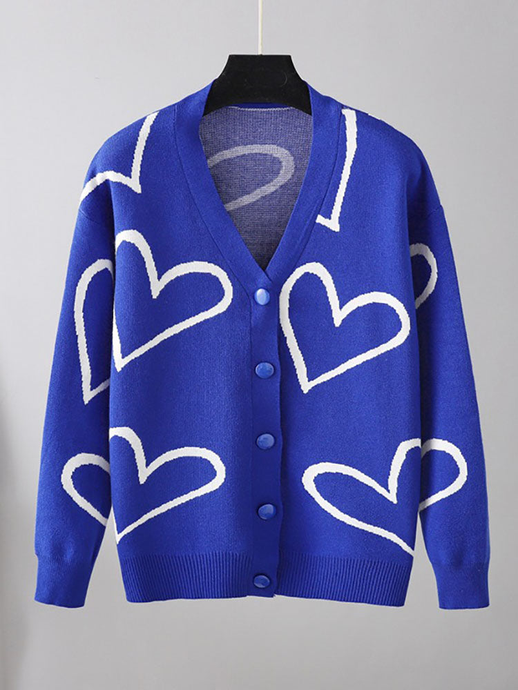 Long Sleeves Heart Print Ribbed Knit Coats