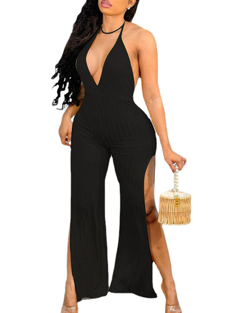 Halter Backless Split Solid Rompers