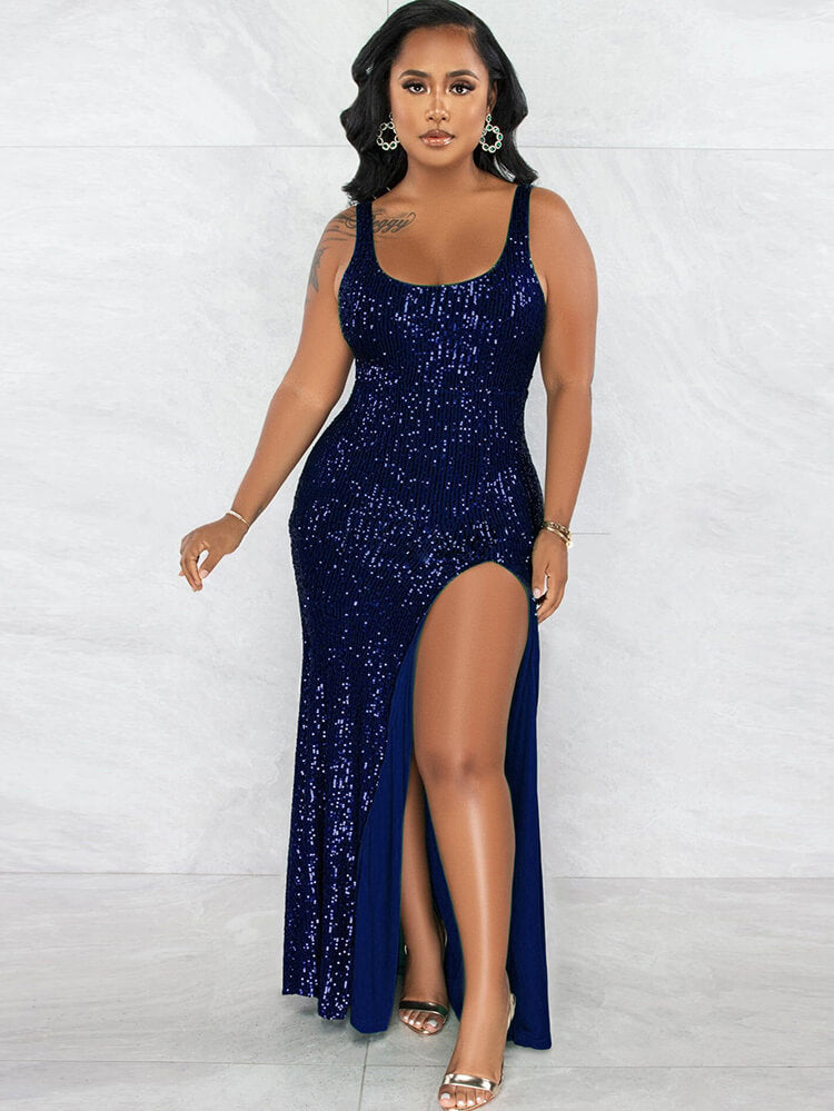 Sequin Sleevelesss Split Bodycon Maxi Dresses