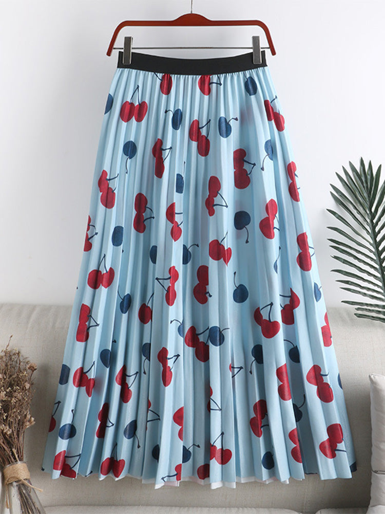 Cherry Print Pleated Waist Midi Skirts