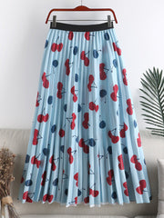 Cherry Print Pleated Waist Midi Skirts