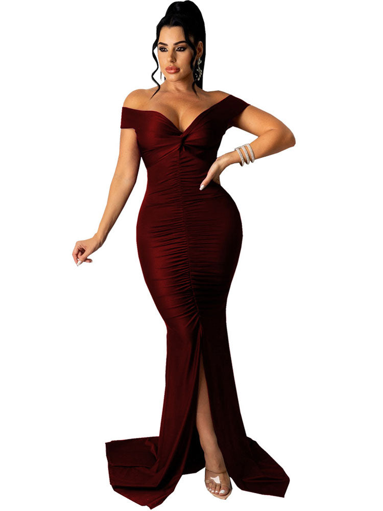 Off Shoulder V Neck Slit Ruched Maxi Dresses