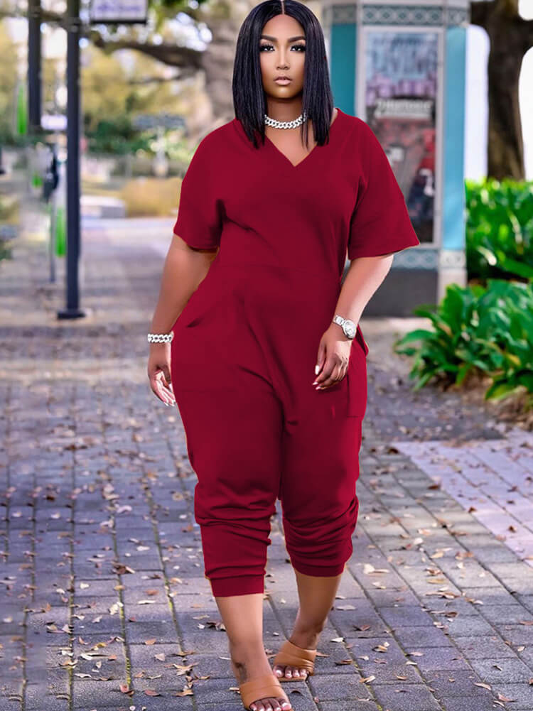 Plus Size Short Sleeve V Neck Jumpsuits