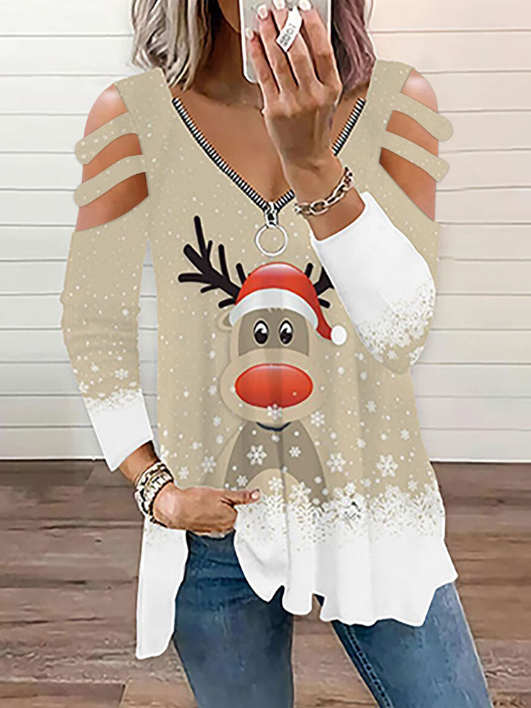 Christmas Plus Size Long Sleeves Elk Print Tops