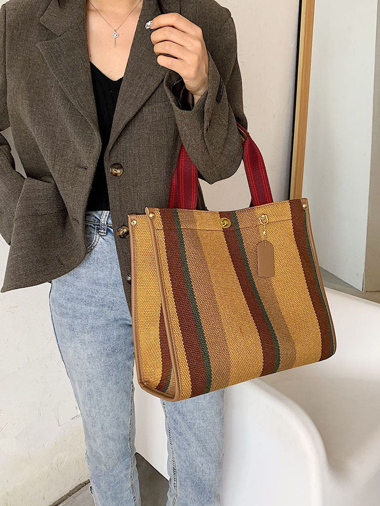 Striped Print Canvas Tote Shoulder Bags