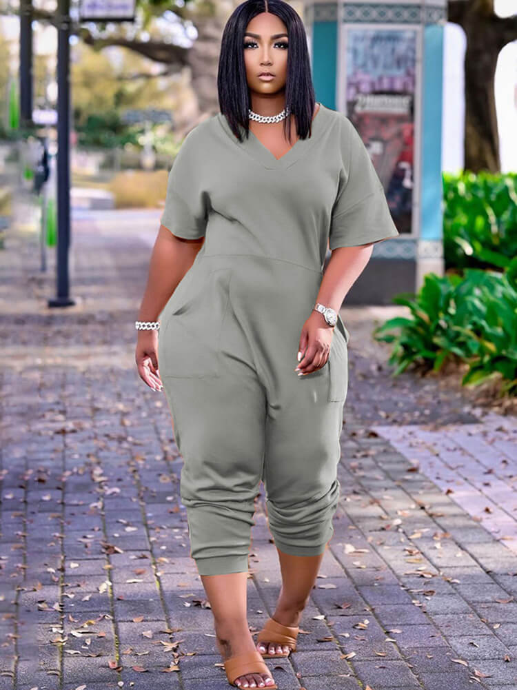 Plus Size Short Sleeve V Neck Jumpsuits