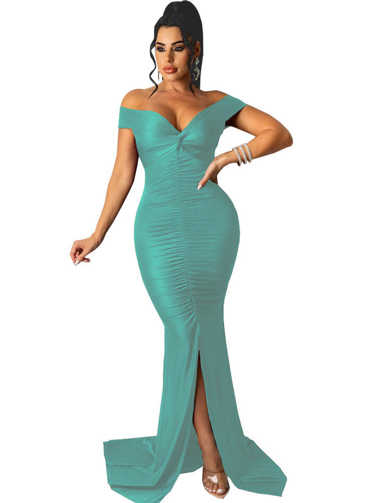 Off Shoulder V Neck Slit Ruched Maxi Dresses