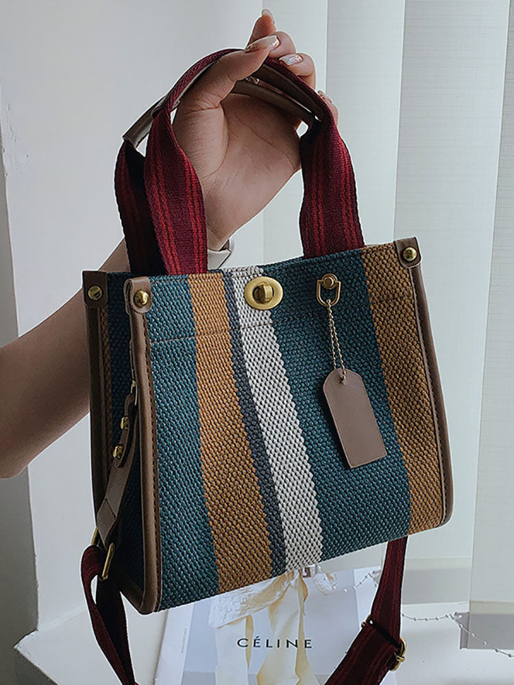 Striped Print Canvas Tote Shoulder Bags