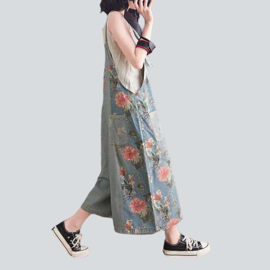 Wide-leg flowery women's denim jumpsuit