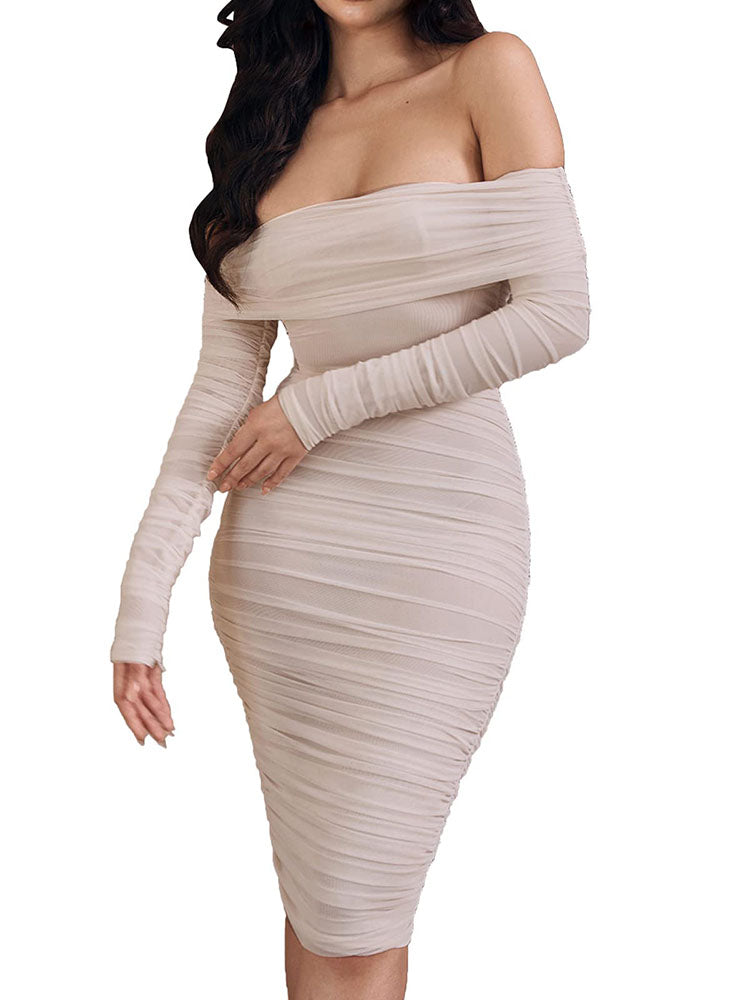 Off Shoulder Long Sleeves Midi Dresses