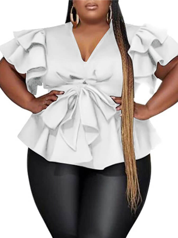 Plus Size V Neck Ruffles Short Sleeve Bow Tie Tunics Shirt