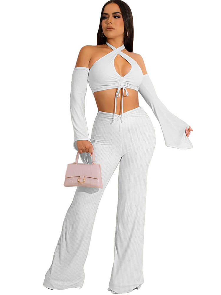 Halter Off Shoulder Crop Top & Wide Leg Long Pants