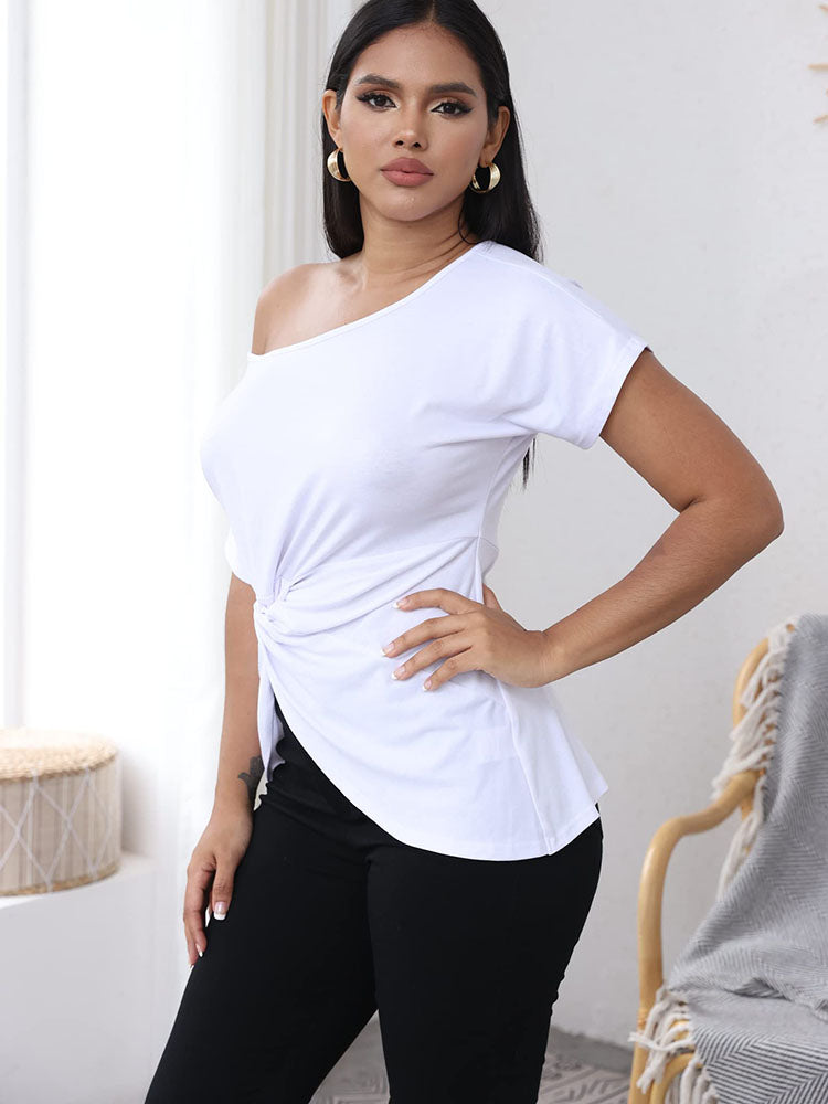 One Shoulder Short Sleeve Twist Front Tops