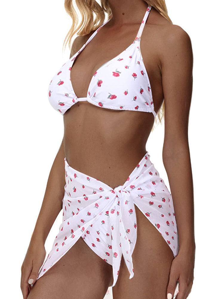 Three Piece Floral Print Bikini Suits