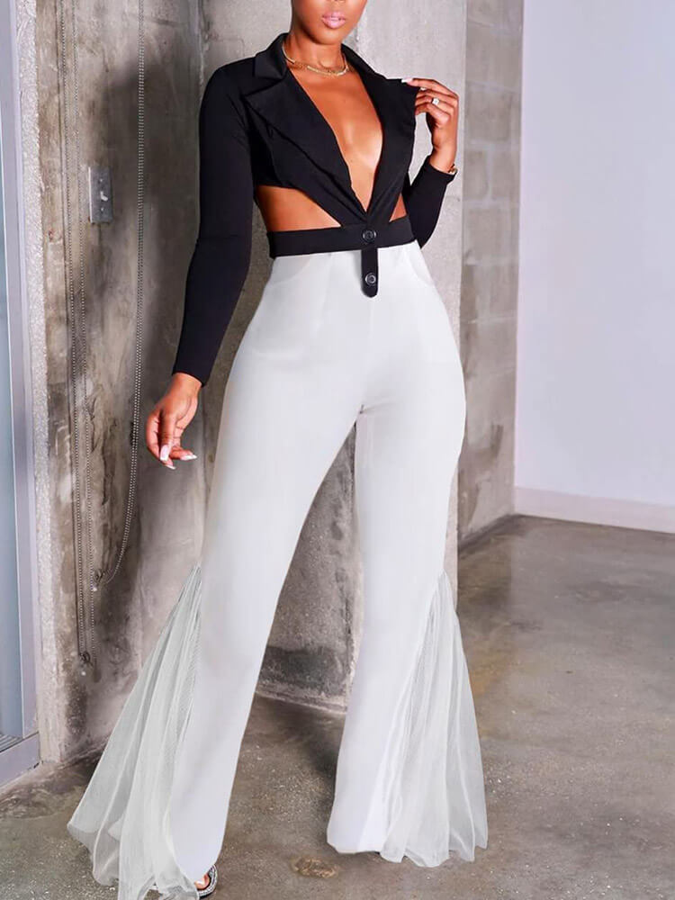 Mesh Solid Color High Waist Flare Pants