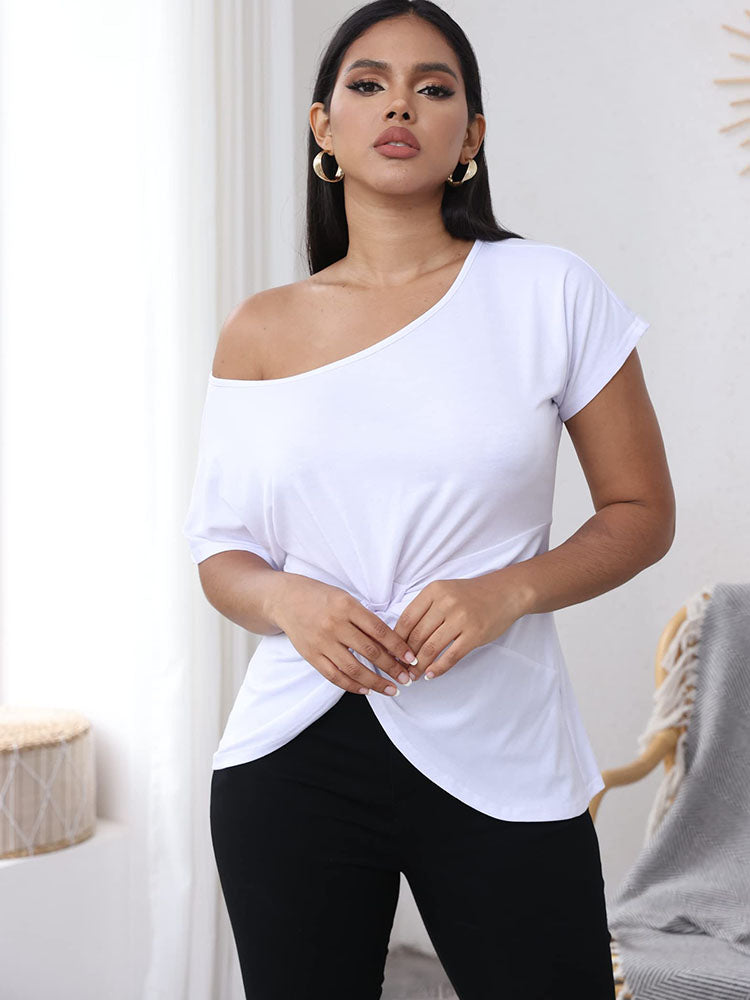 One Shoulder Short Sleeve Twist Front Tops