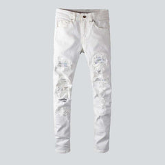 White crystal patchwork men's jeans