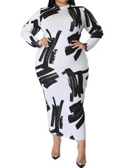 Plus Size Long Sleeve Floral Print Bodycon Midi Dresses