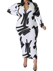 Plus Size Long Sleeve Floral Print Bodycon Midi Dresses