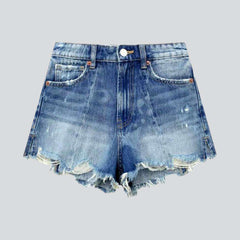 Wide-leg distressed denim shorts