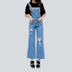 Wide-leg distressed women's denim jumpsuit