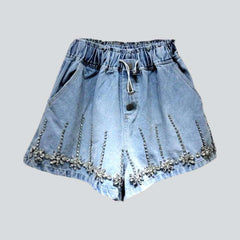 Wide-leg rhinestone denim shorts