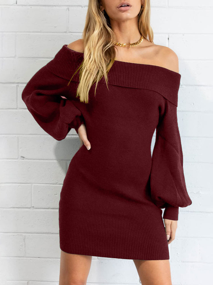 Off Shoulder Lantern Sleeve Sweater Mini Dresses