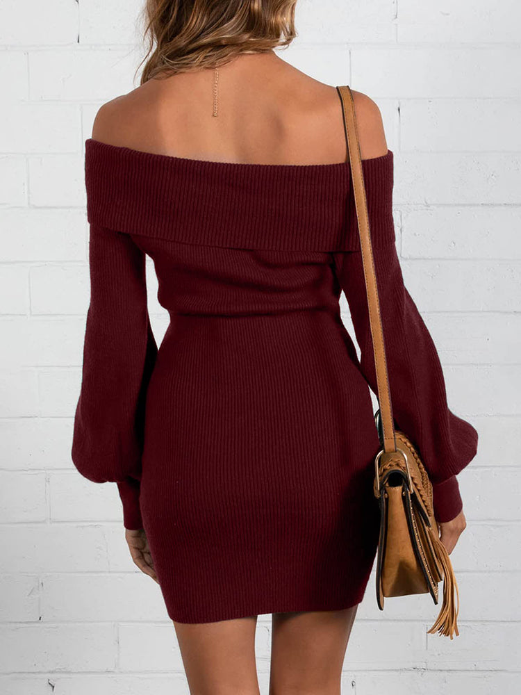 Off Shoulder Lantern Sleeve Sweater Mini Dresses