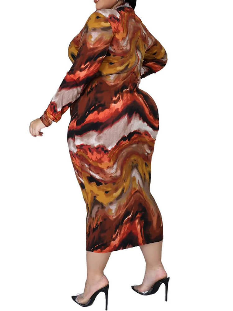 Plus Size Long Sleeve Floral Print Bodycon Midi Dresses