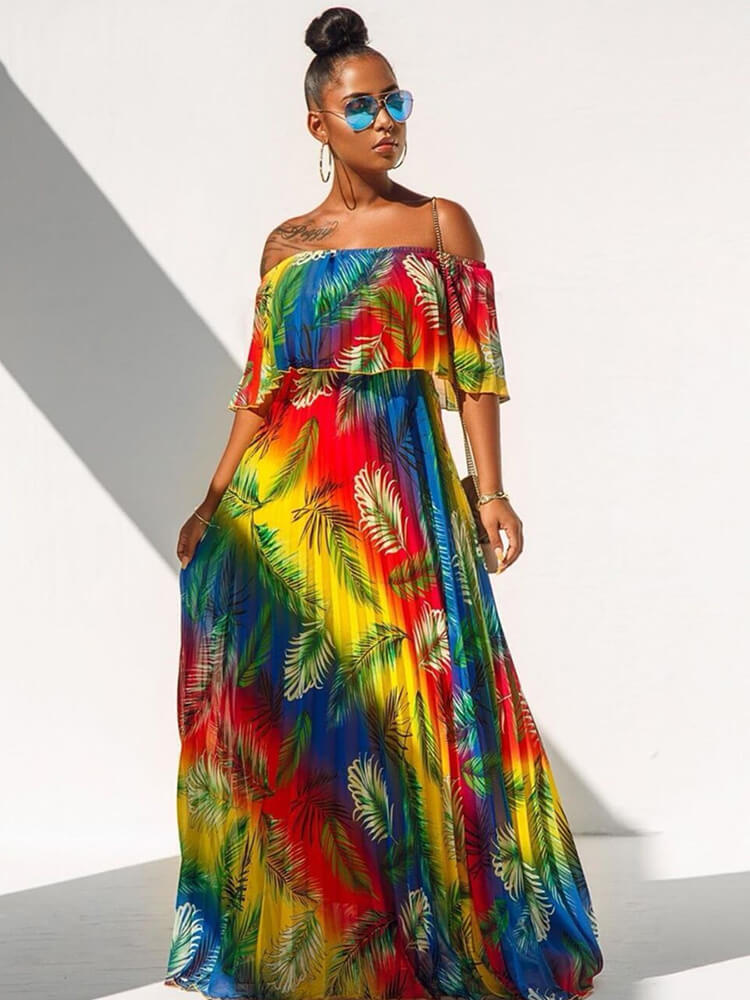 Off Shoulder Colorful Ombre Pleated Maxi Dresses