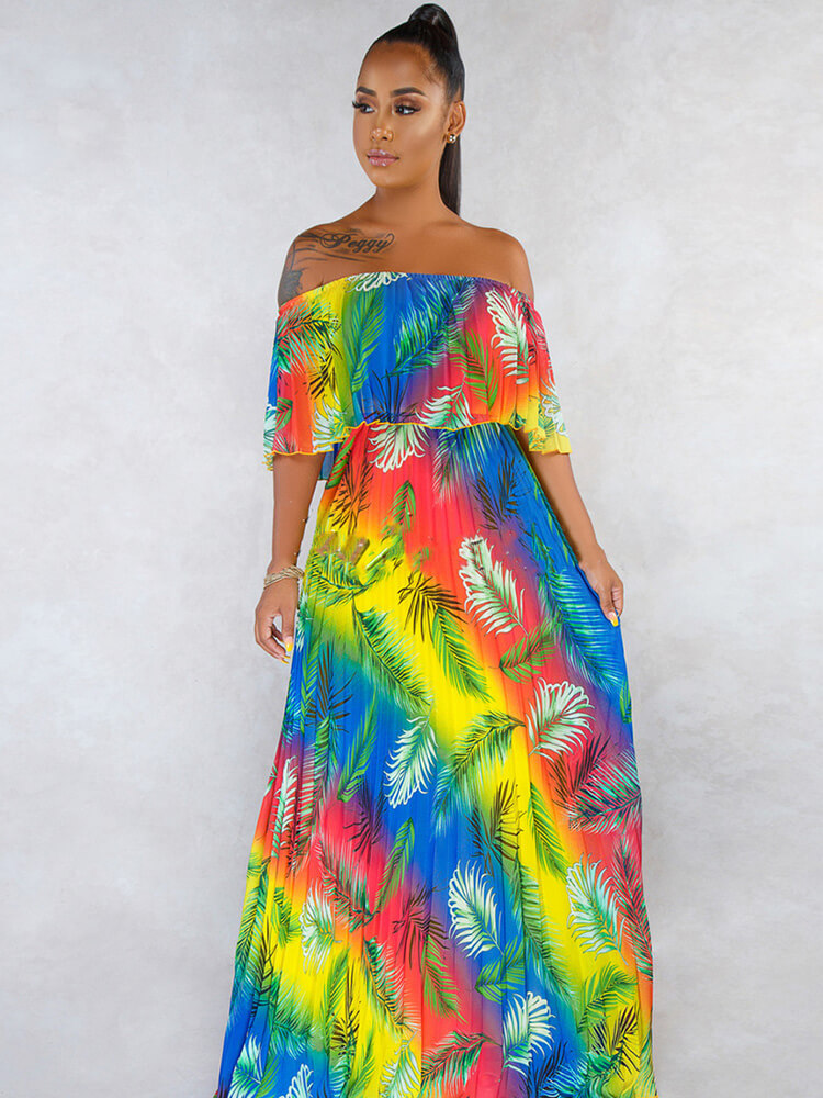 Off Shoulder Colorful Ombre Pleated Maxi Dresses