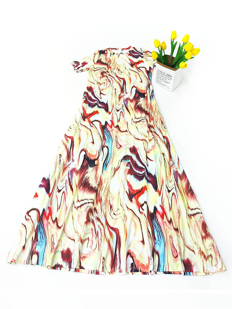 Short Sleeve Tie Dye Print Maxi Dresses