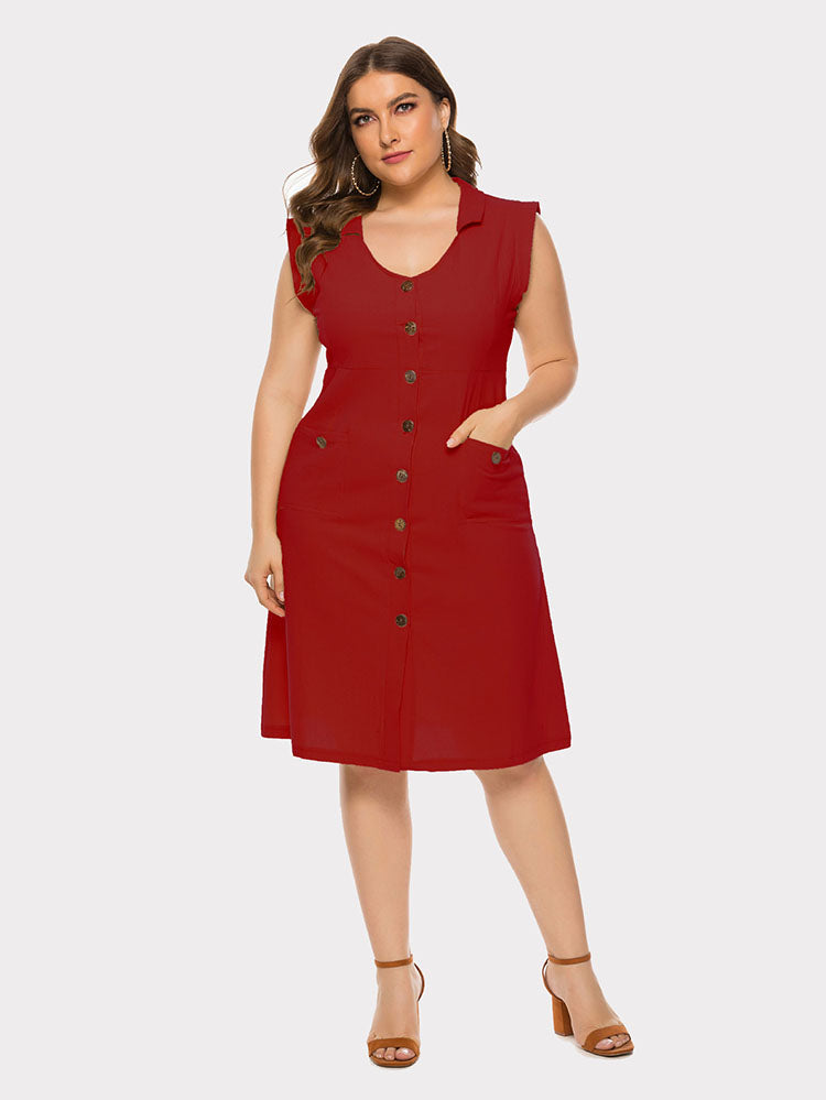 Plus Size Sleevelss Buttons Midi Dress