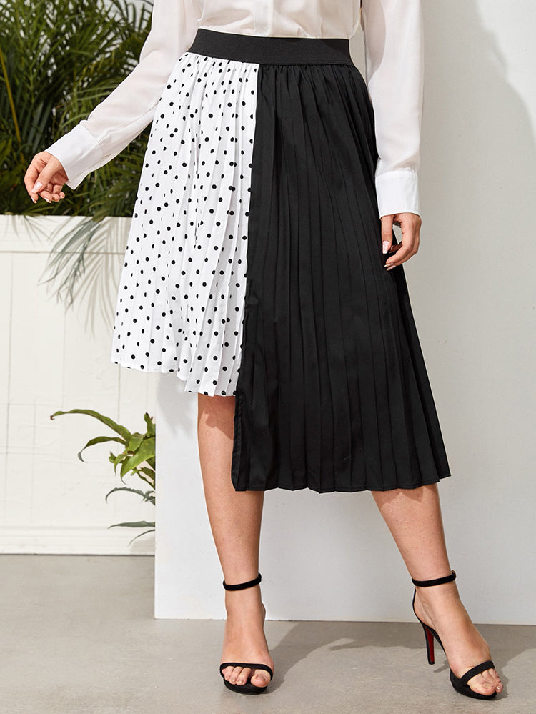 Spliced Polka Dot Pleated Skirt