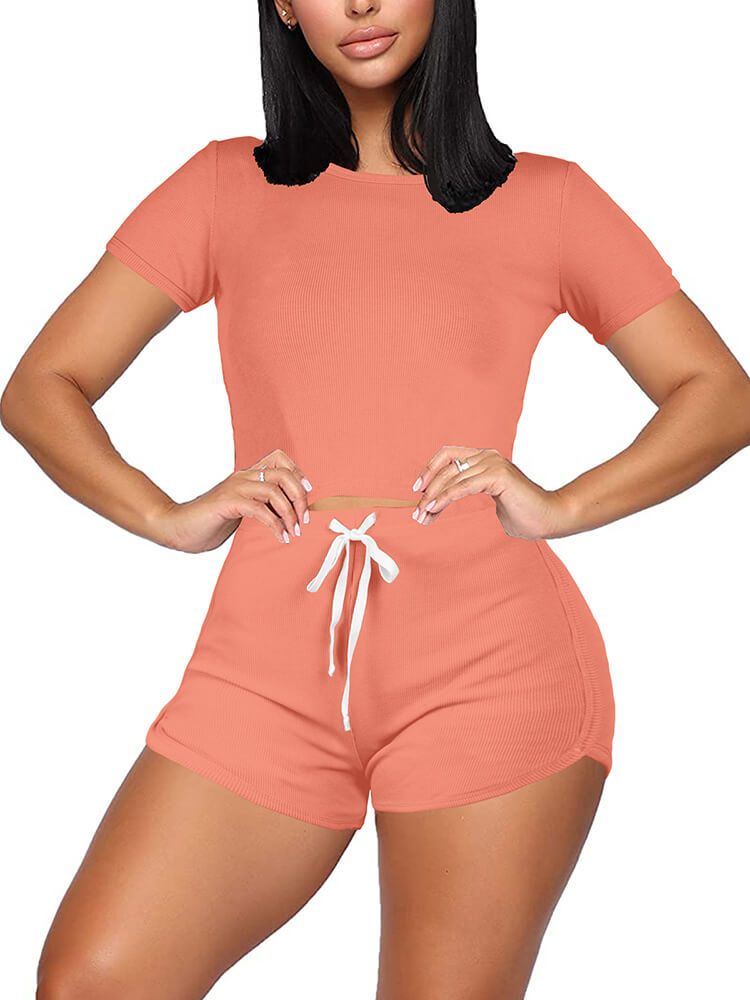 Two Pieces Solid Color Short Sleeve Crop Tops&Booty Shorts