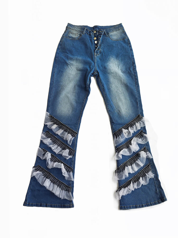 Denim Mesh Patchwork Button Flare Pants