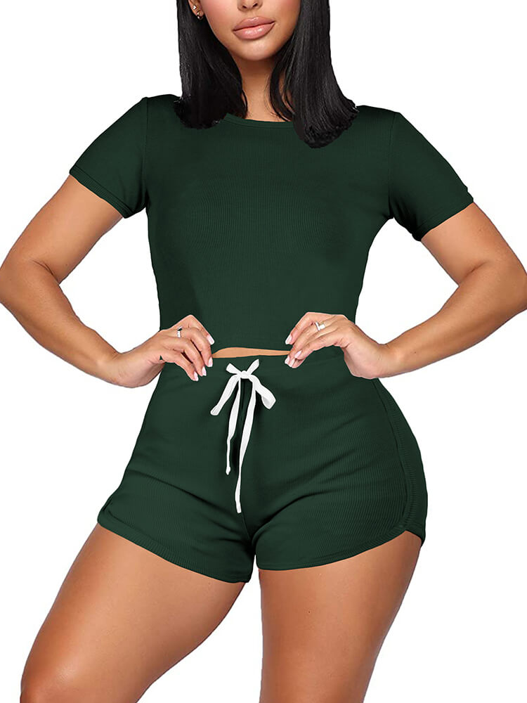 Two Pieces Solid Color Short Sleeve Crop Tops&Booty Shorts