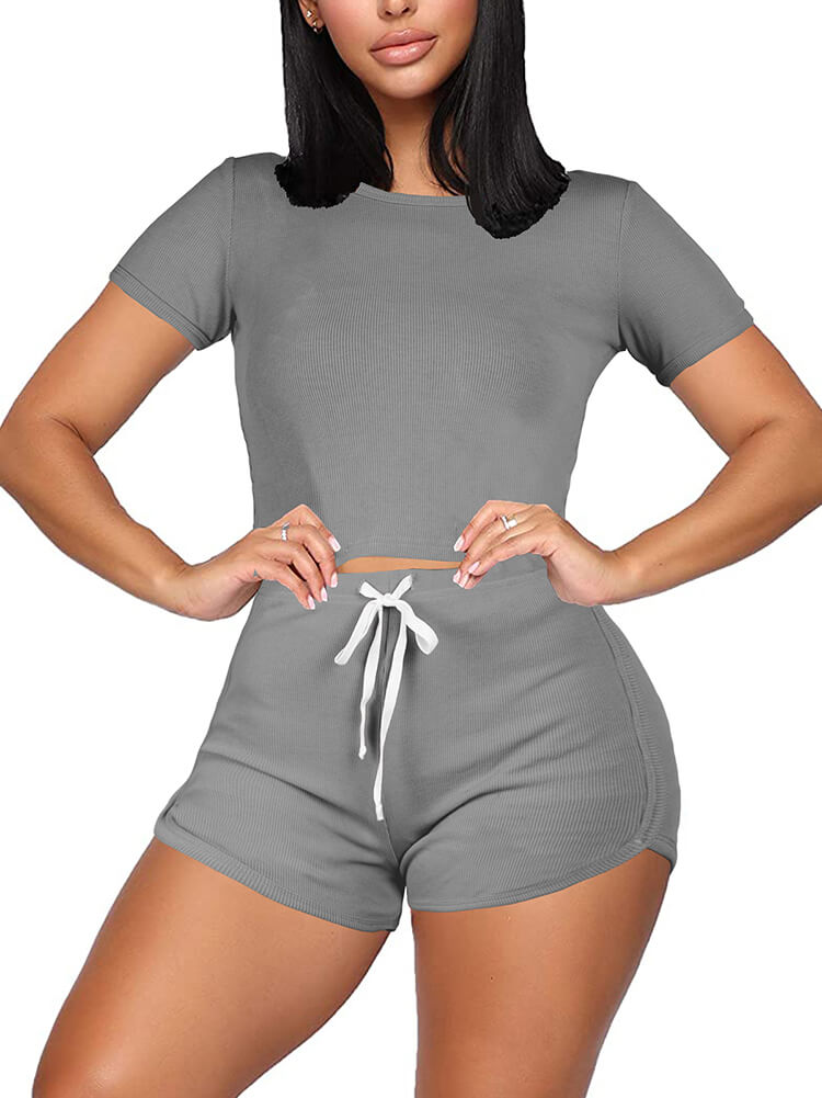 Two Pieces Solid Color Short Sleeve Crop Tops&Booty Shorts