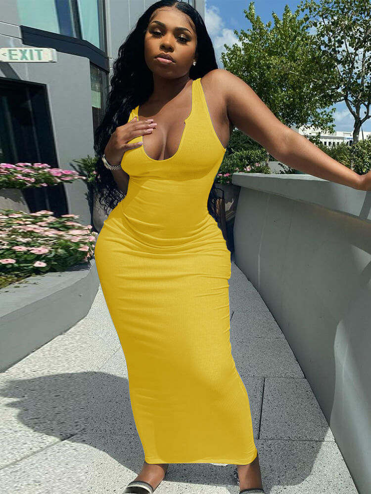 Solid Color Sleeveless Racerback Rib Bodycon Maxi Dresses